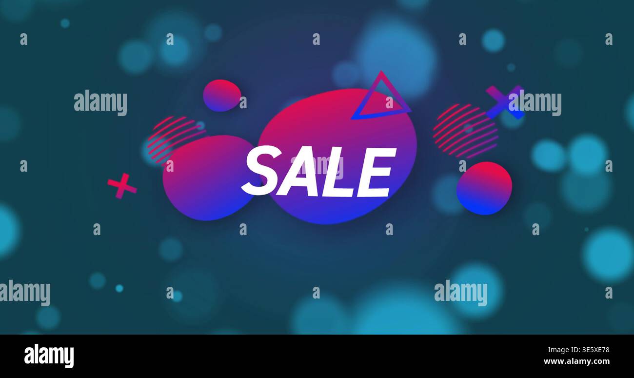 Zeigt Blob mit VERKAUFSTEXT auf dunkelblauem Banner, mit Dreieckskontur, X-Kreuzen und Bokeh Stockfoto