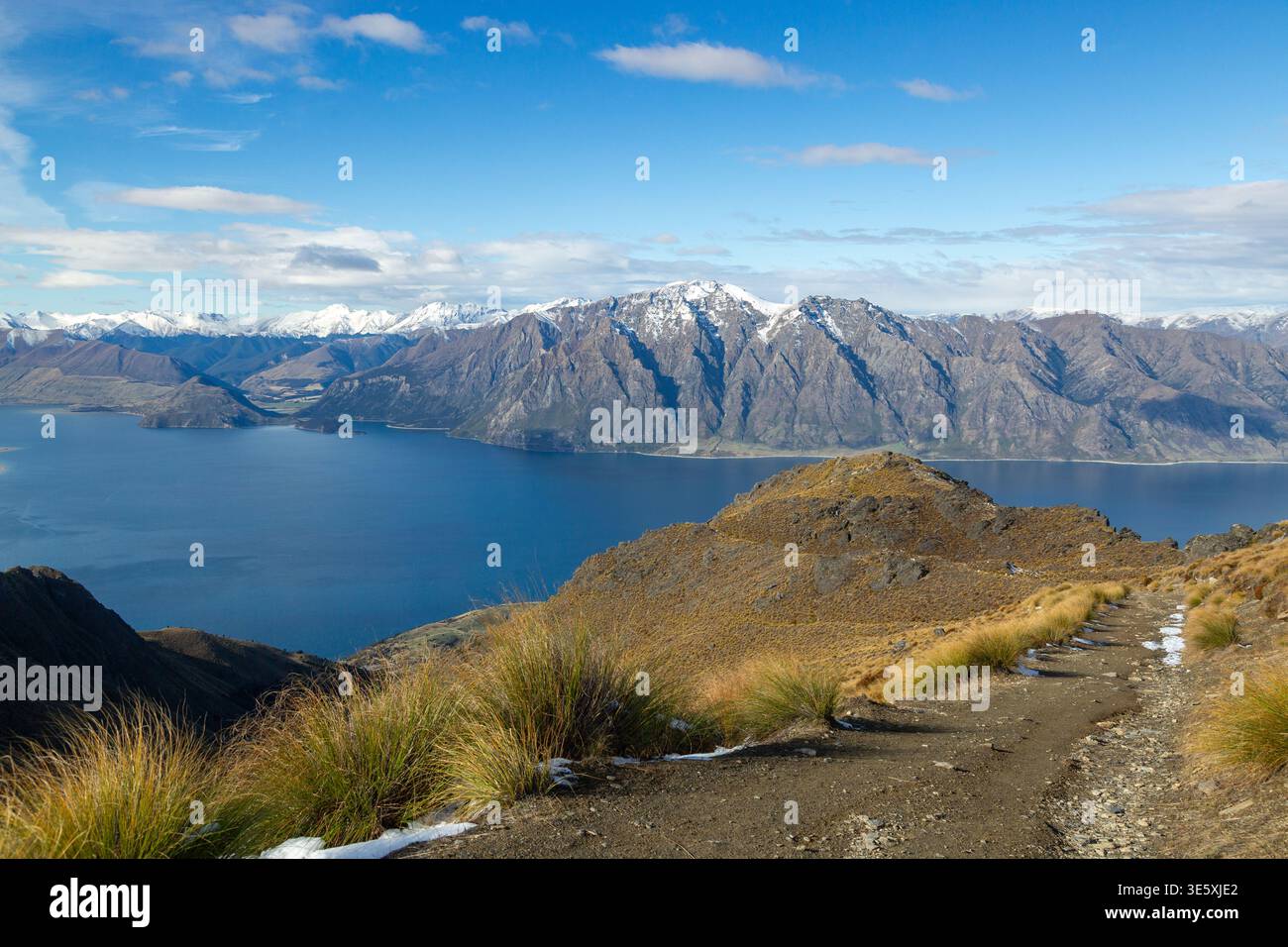 Lake Hawea und die südlichen Alpen vom Isthmus Peak Track aus gesehen, Wanaka, Otago, Neuseeland Stockfoto