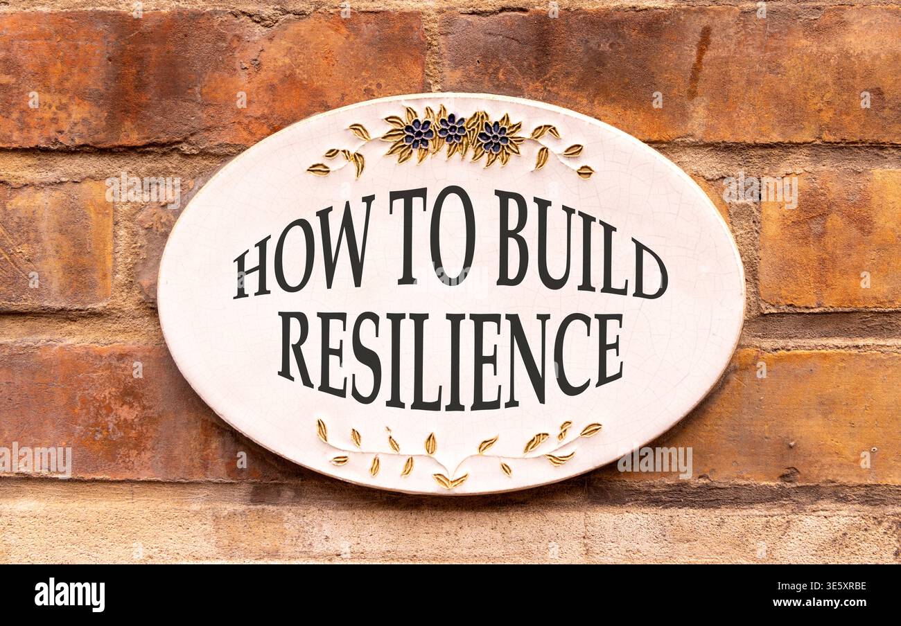 So erstellen Sie ein Resilienzsymbol. Konzeptworte wie man Widerstandsfähigkeit auf einem schönen weißen Schild schafft. Wunderschöner Backsteinmauerhintergrund. Geschäftsanweisungen Stockfoto