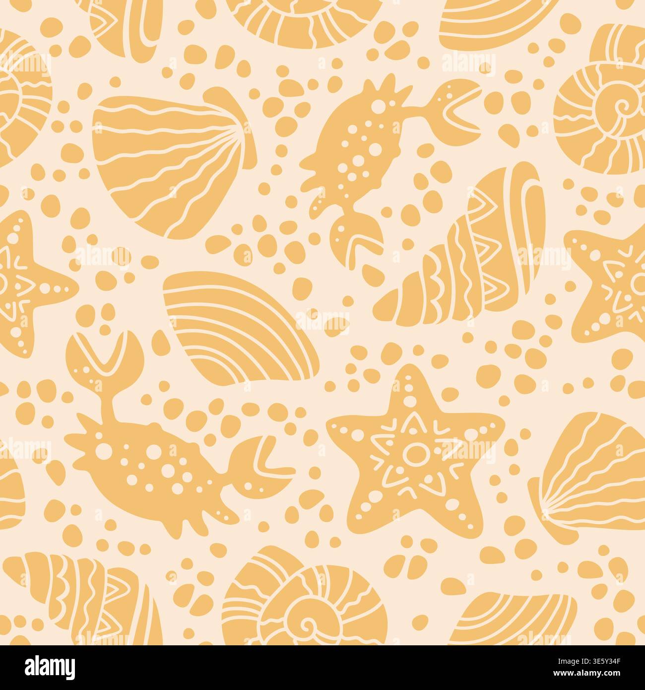Hand gezeichnetes nahtloses Pastellmuster mit Muscheln, Korallen, Krebsen und Sternen, verspielter Ozean-Thema Boho Hintergrund mit weichen Beigetönen dekorativ Stock Vektor