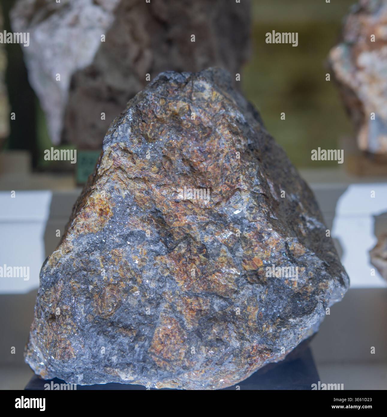 Schöne polierte Sektion einer blauen Quarzgeode mit natürlichen konzentrischen Bändern aus Brasilien, ausgestellt auf einem Stand. Stockfoto