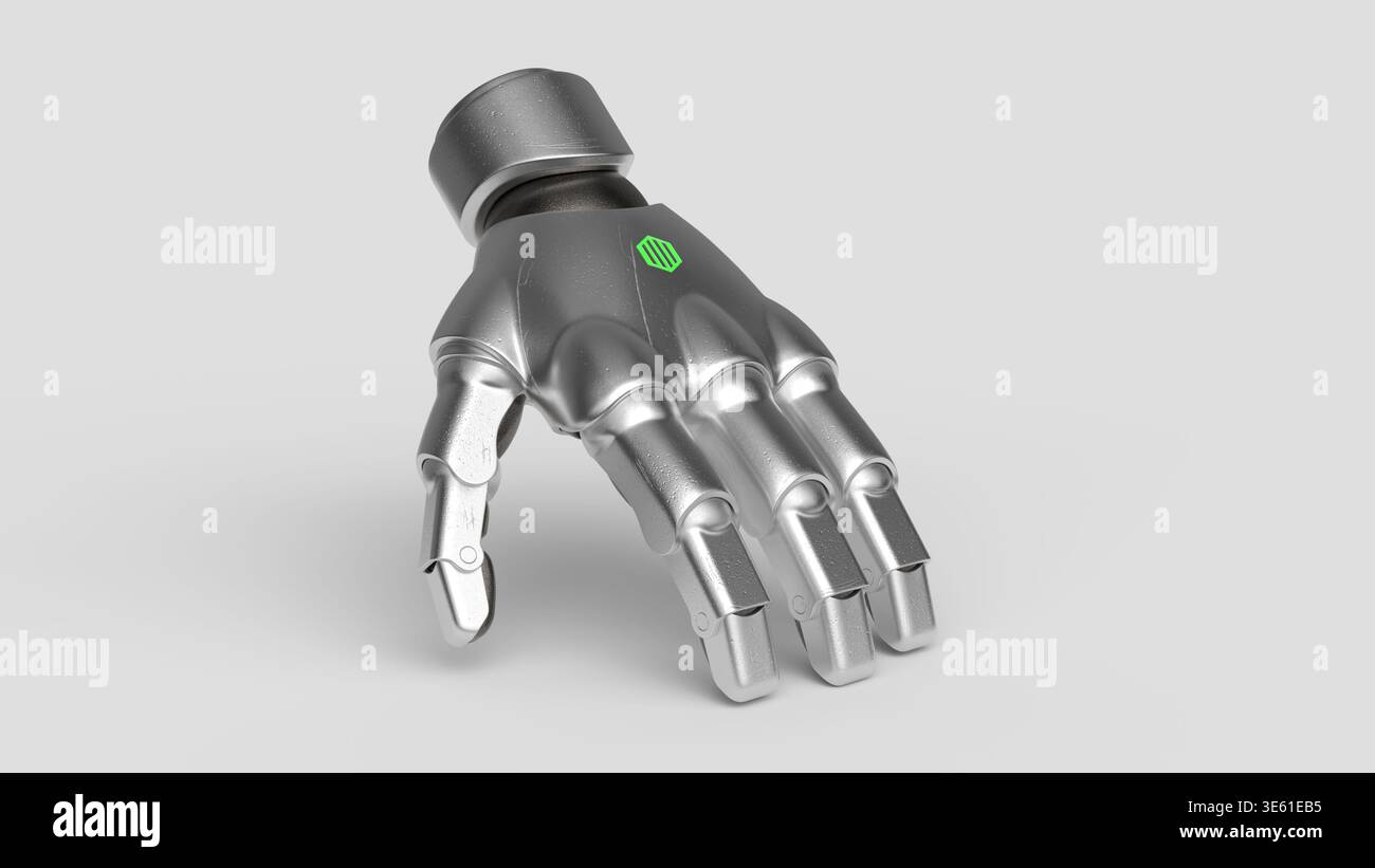Modell einer silbernen Metallic-Roboterhand in einer perspektivischen Hochwinkelansicht, die mechanische Gelenke und Finger zeigt. Stockfoto