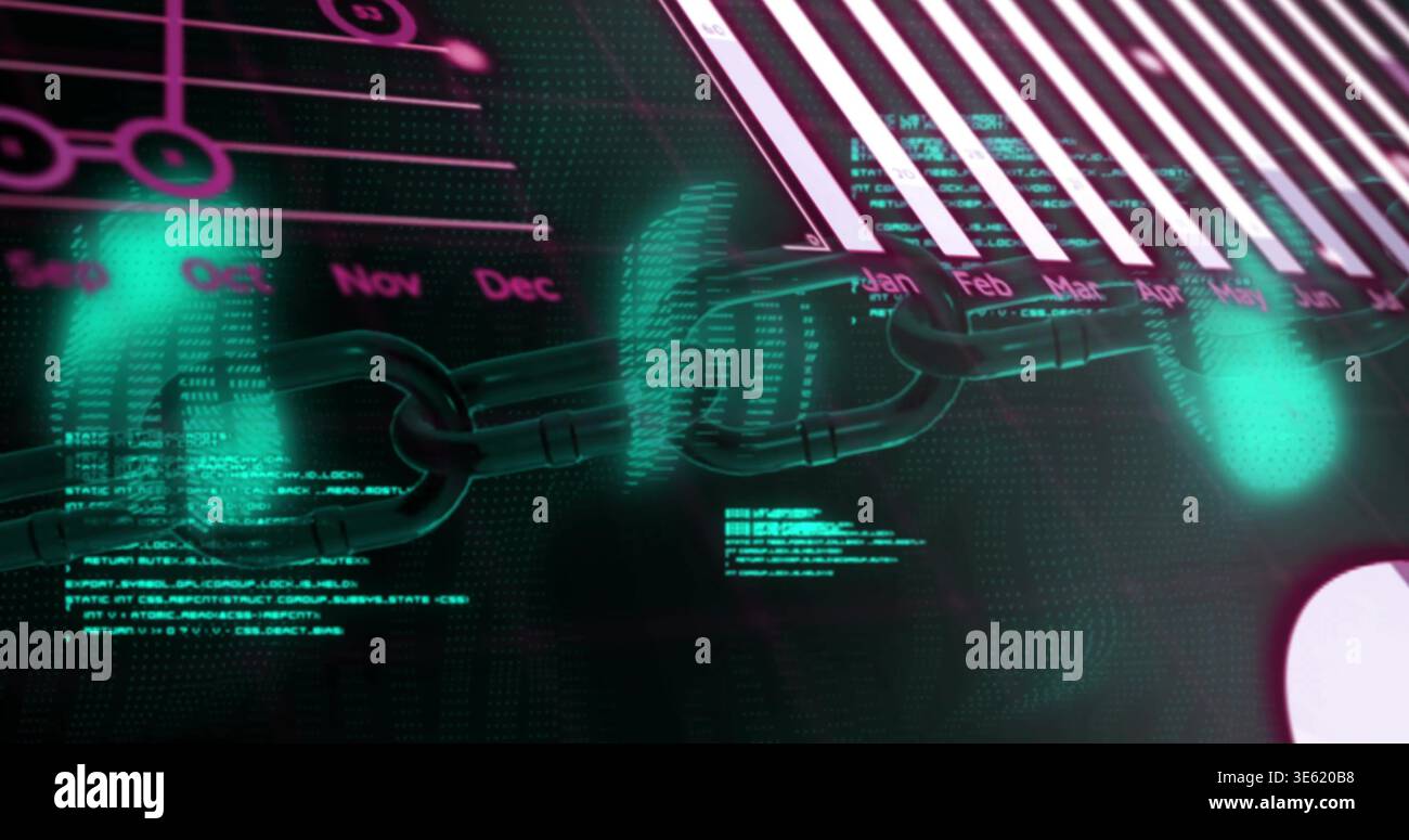 Glühende Metallkette, die horizontal in virtueller technischer Optik verläuft und Balkendiagramm-Monatscode anzeigt Stockfoto