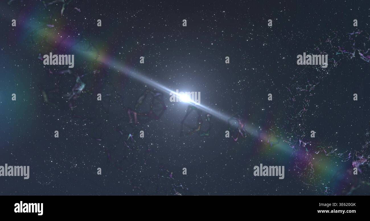 Strahlender heller weißer Stern sendet horizontale Flare in den tiefen Raum, mit Regenbogenfäden und Sternen Stockfoto