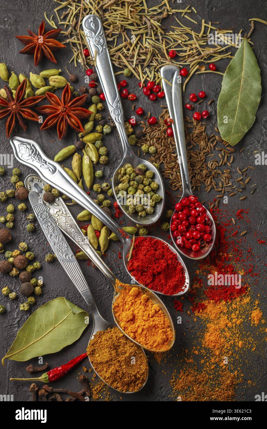 Vielfalt der natürlichen Gewürze, Gewürze und Kräuter in der Löffel auf den steinernen Tisch - Paprika, Curry, Koriander, Kardamom, Kurkuma, Rosmarin, Salz, Pfeffer, Stockfoto