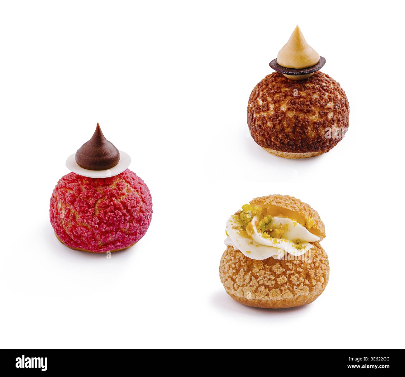 Speisen, ausgewählte Gourmet-Gebäckstücke in lebendigen Farben und einzigartigen Belägen. Jedes Leckerli hat einen eigenen Geschmack, der Dessertliebhaber wie pe lockt Stockfoto