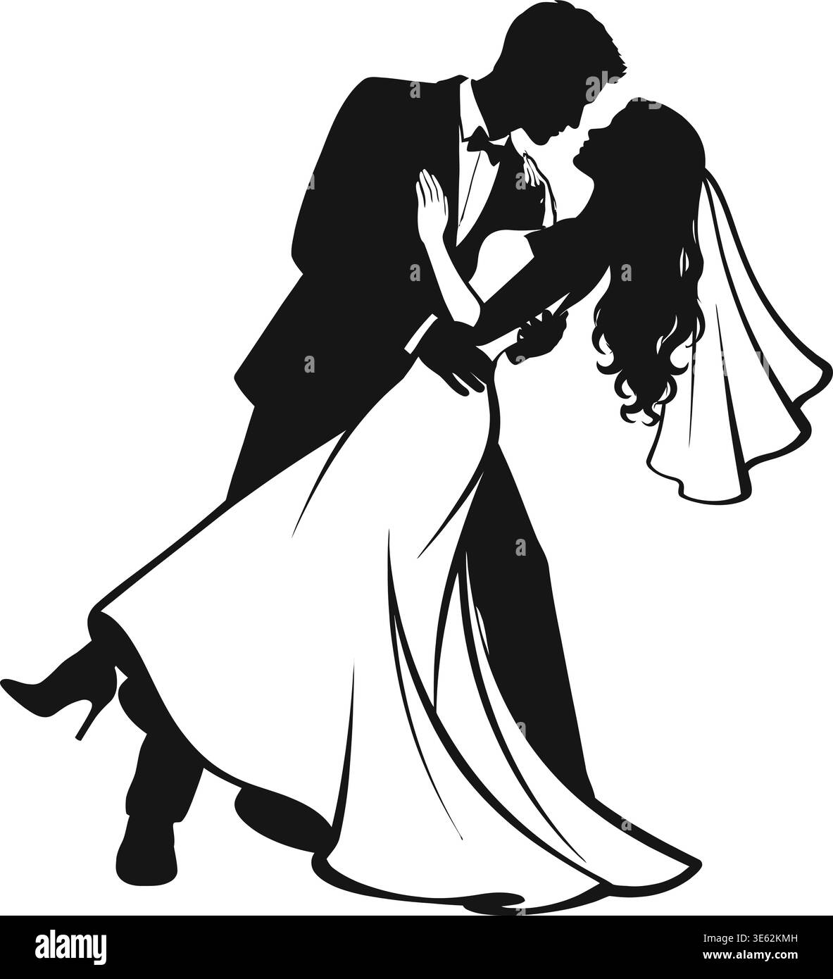 Romantisches Brautpaar Silhouette – Braut und Bräutigam tanzt elegante Vektor-Illustration Stock Vektor
