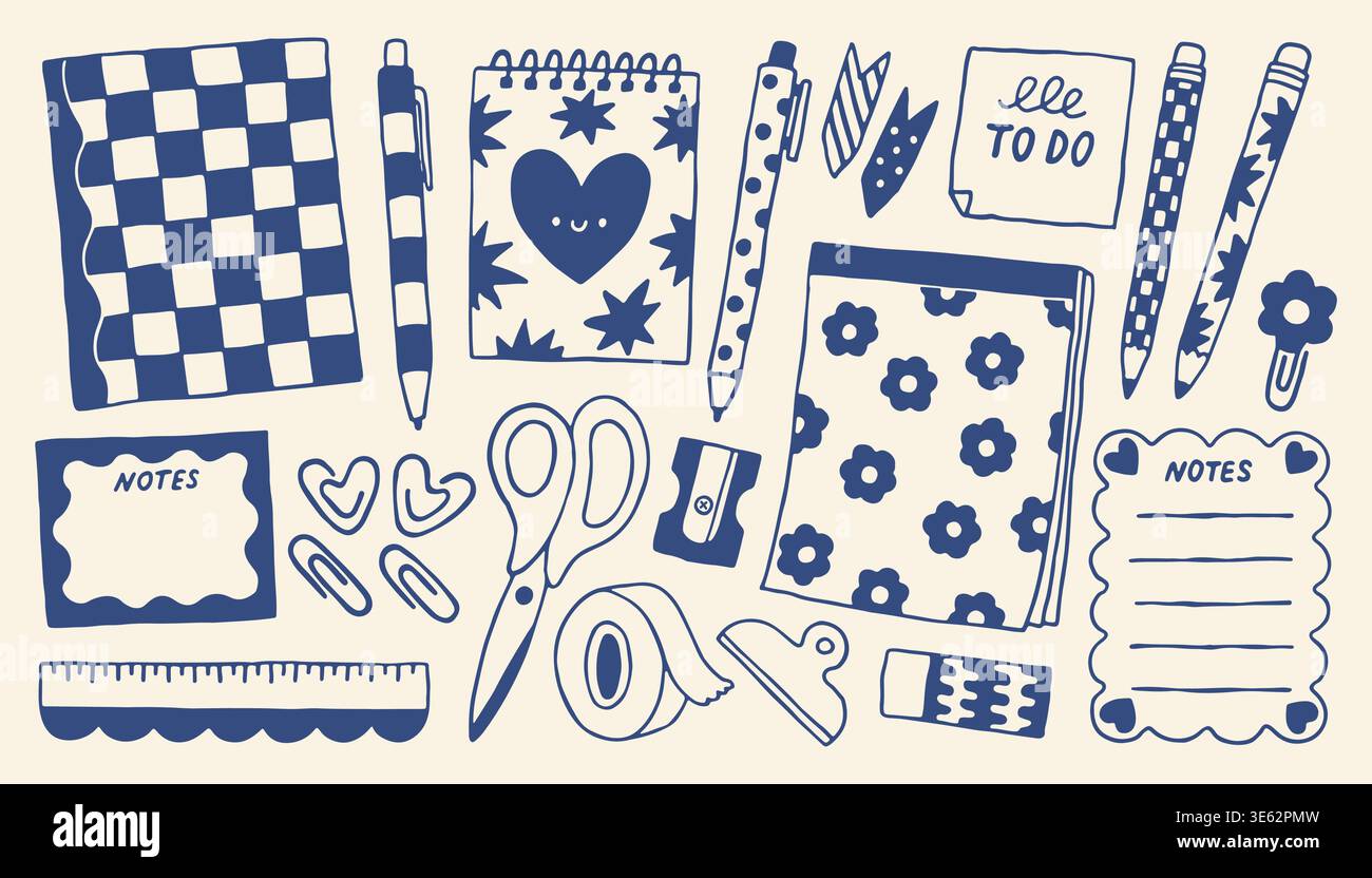 Vektorsammlung von Schulpapier- und Bürobedarf. Handgezeichnetes Doodle-Set mit Notizbüchern und Scheren im minimalistischen mediterranen Stil Stock Vektor