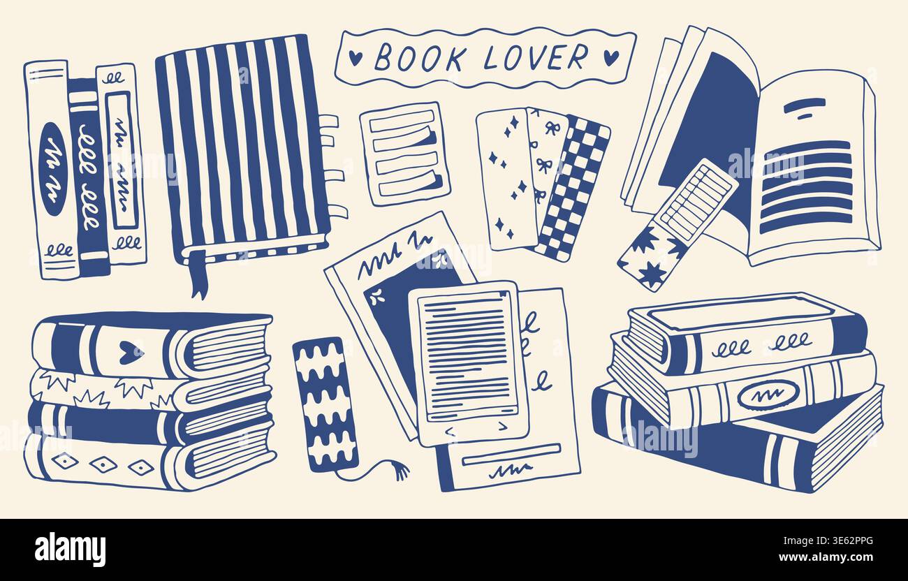 Minimalistisches Bücherset mit Bücherstapeln und Lesezeichen. Handgezeichnete Kritzelsammlung von Literatur und Lesezubehör in blauem Vektor Stock Vektor