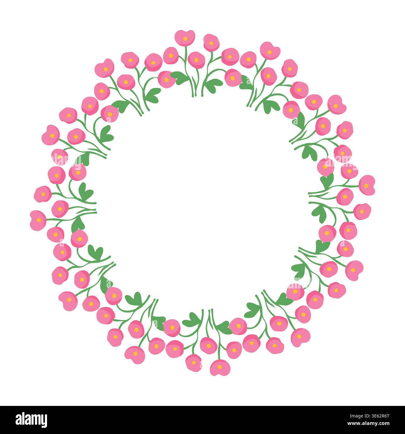 Einfacher rosa Blumenkranz mit kleinen grünen Blättern im minimalistischen flachen Stil Illustration Vektor Stock Vektor