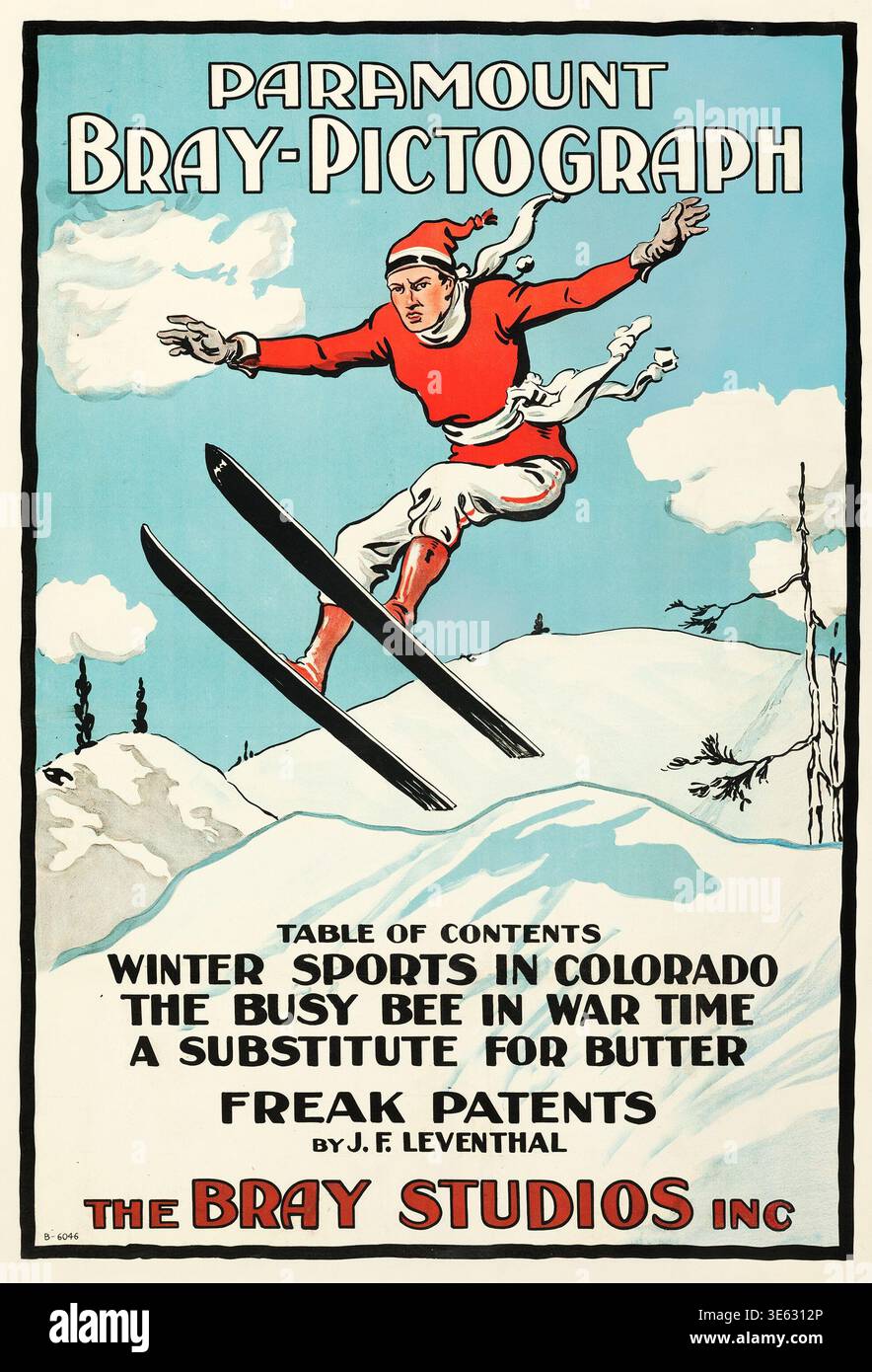Auf diesem Vintage-Filmplakat von ca. 1917 wird „Paramount Bray-Pictograph“ mit einer dynamischen Illustration eines Skifahrers in rotem Outfit vor einer verschneiten Bergkulisse geworben. Das Poster enthält verschiedene Kurzfilmthemen, darunter „Winter Sports in Colorado“ und „The Busy Bee in war Time“, produziert von The Bray Studios Inc Stockfoto