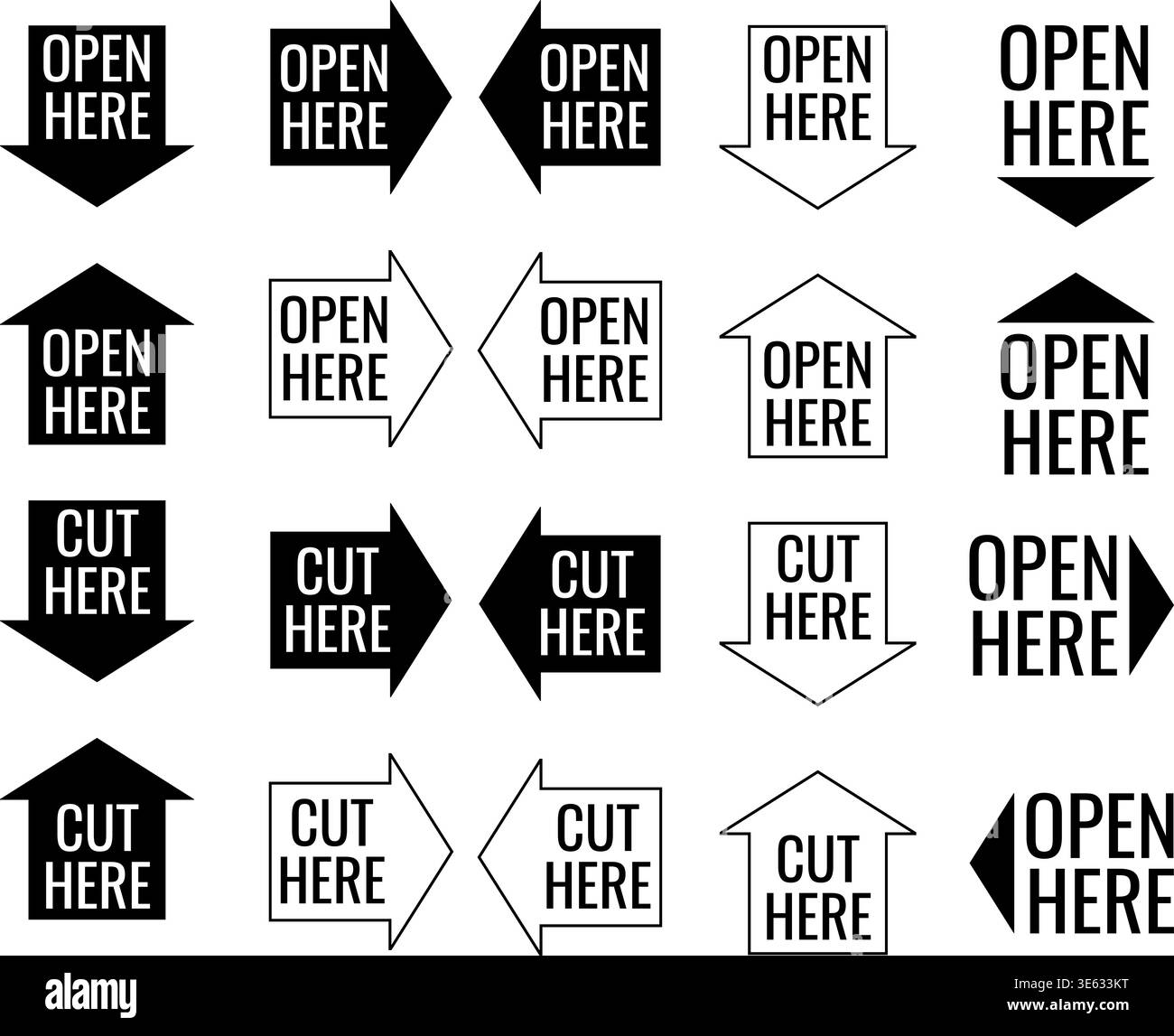 Hier öffnen und hier ausschneiden Vektor-Symbolsatz für Verpackung Stock Vektor