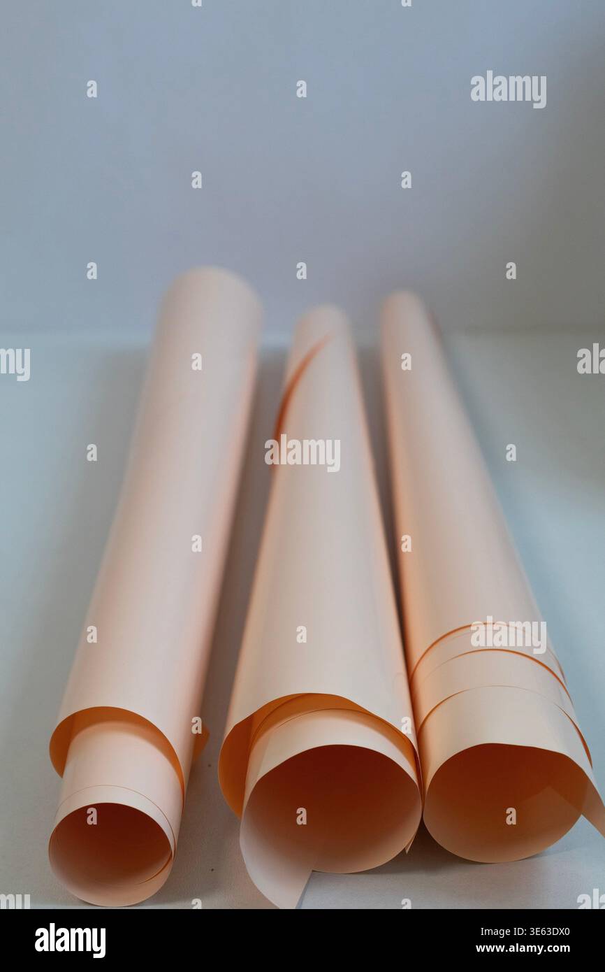 Minimale Stilllebensdauer mit gerollten pastellfarbenen Papierbögen auf einem sauberen weißen Hintergrund. Abstrakte Komposition, Designmaterialien und kreativer Arbeitsbereich Stockfoto