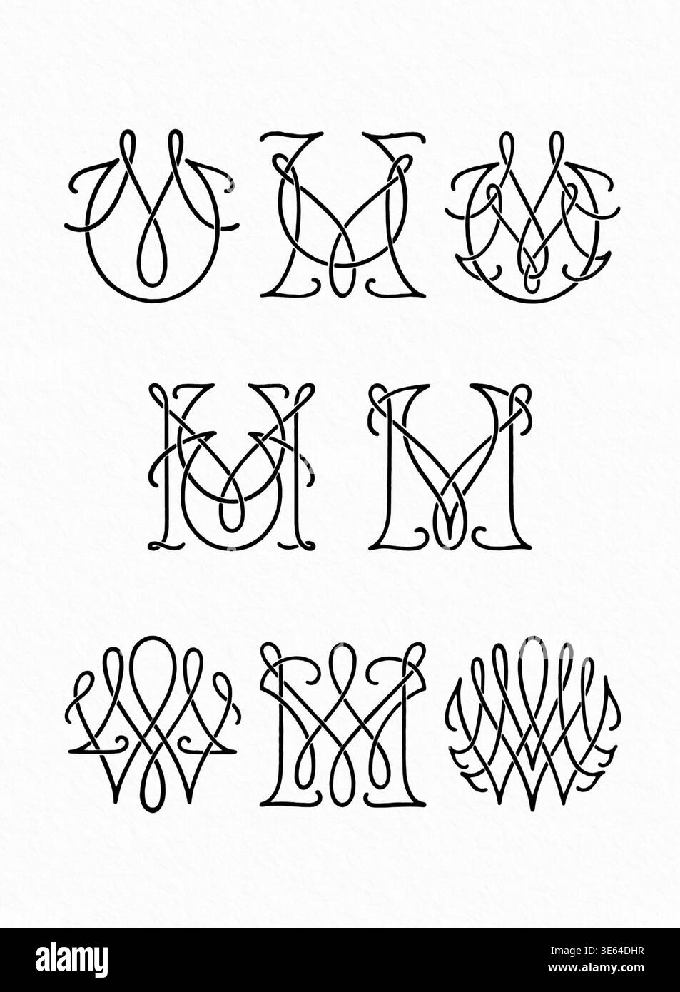 Kombinationen von Monogramm-Initialen, dekorative, ineinander greifende Buchstaben in schwarz-weißer Strichkunst, isoliert auf einem weichen strukturierten weißen Hintergrund. Stockfoto