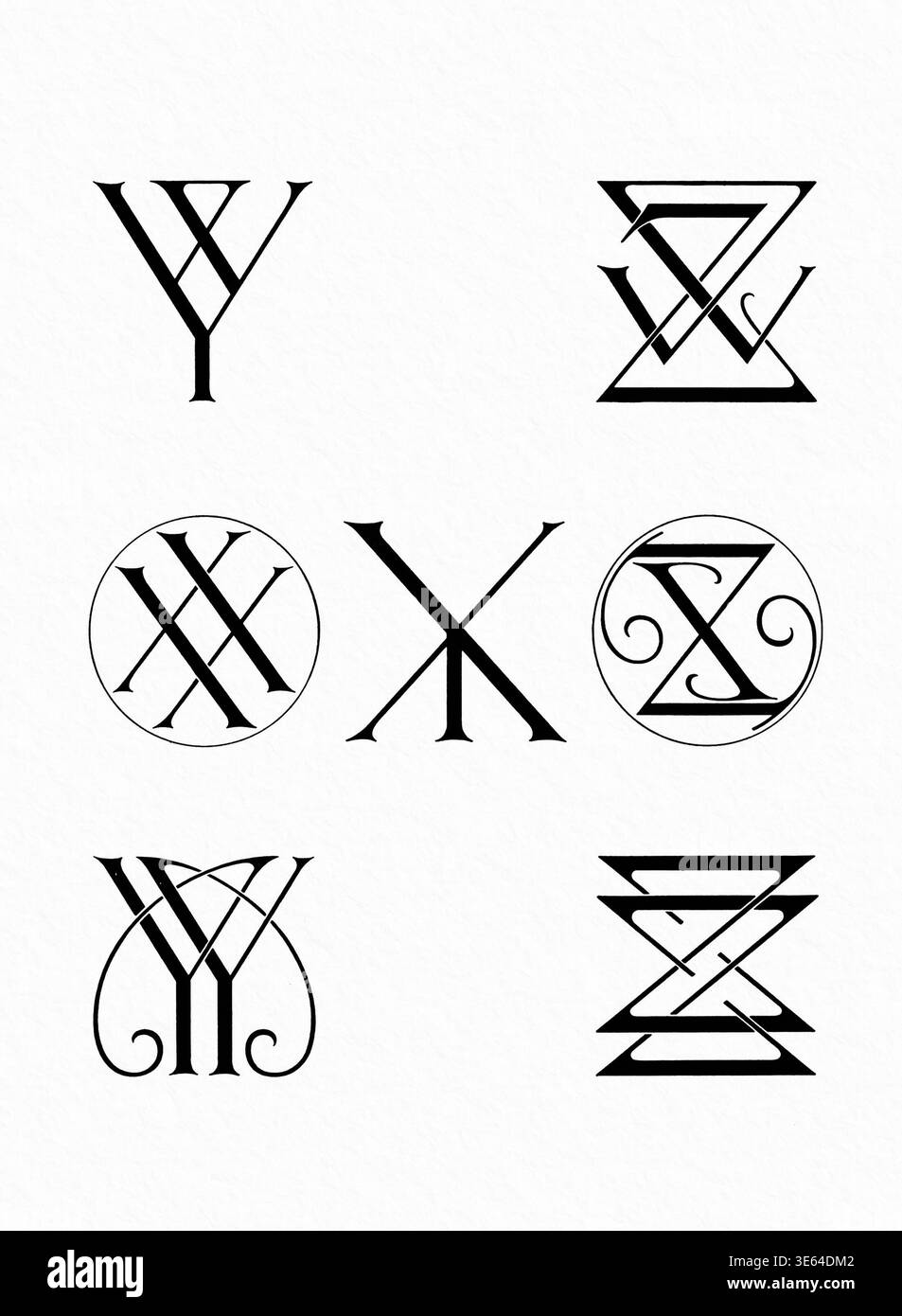 Kombinationen von Monogramm-Initialen, dekorative, ineinander greifende Buchstaben in schwarz-weißer Strichkunst, isoliert auf einem weichen strukturierten weißen Hintergrund. Stockfoto