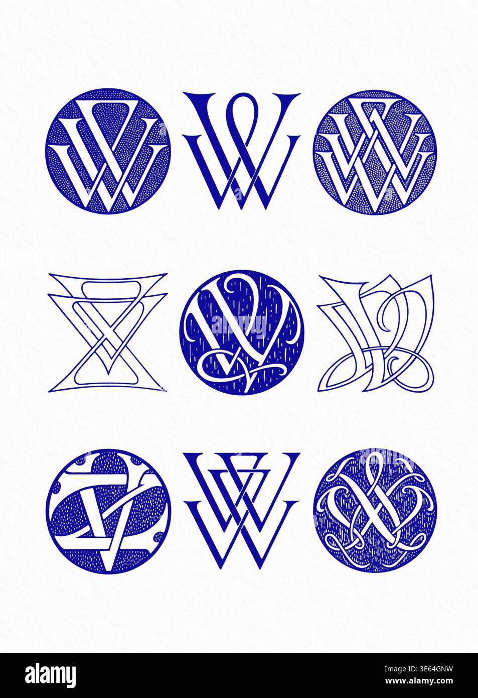 Kombinationen mit Monogramm-Initialen, dekorative, ineinander greifende Buchstaben in blauer und weißer Linienart, isoliert auf einem weichen strukturierten weißen Hintergrund. Stockfoto