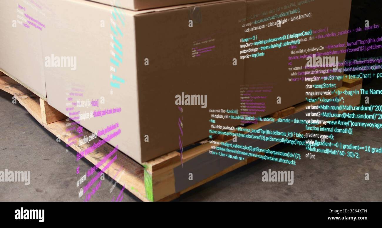 Anzeigen von Wellpappe mit versiegelten Nähten und Etiketten auf der Palette im Lager mit Neoncode-Overlay Stockfoto