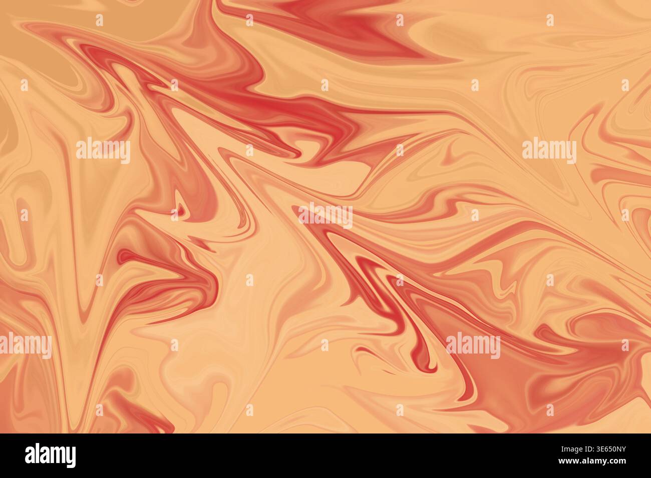 Ein lebendiger abstrakter Hintergrund mit wirbelnden flüssigen Mustern in Rot-, Orange- und Pfirsichtönen, die an Marmorpapier oder Acrylfarbe erinnern. Stockfoto
