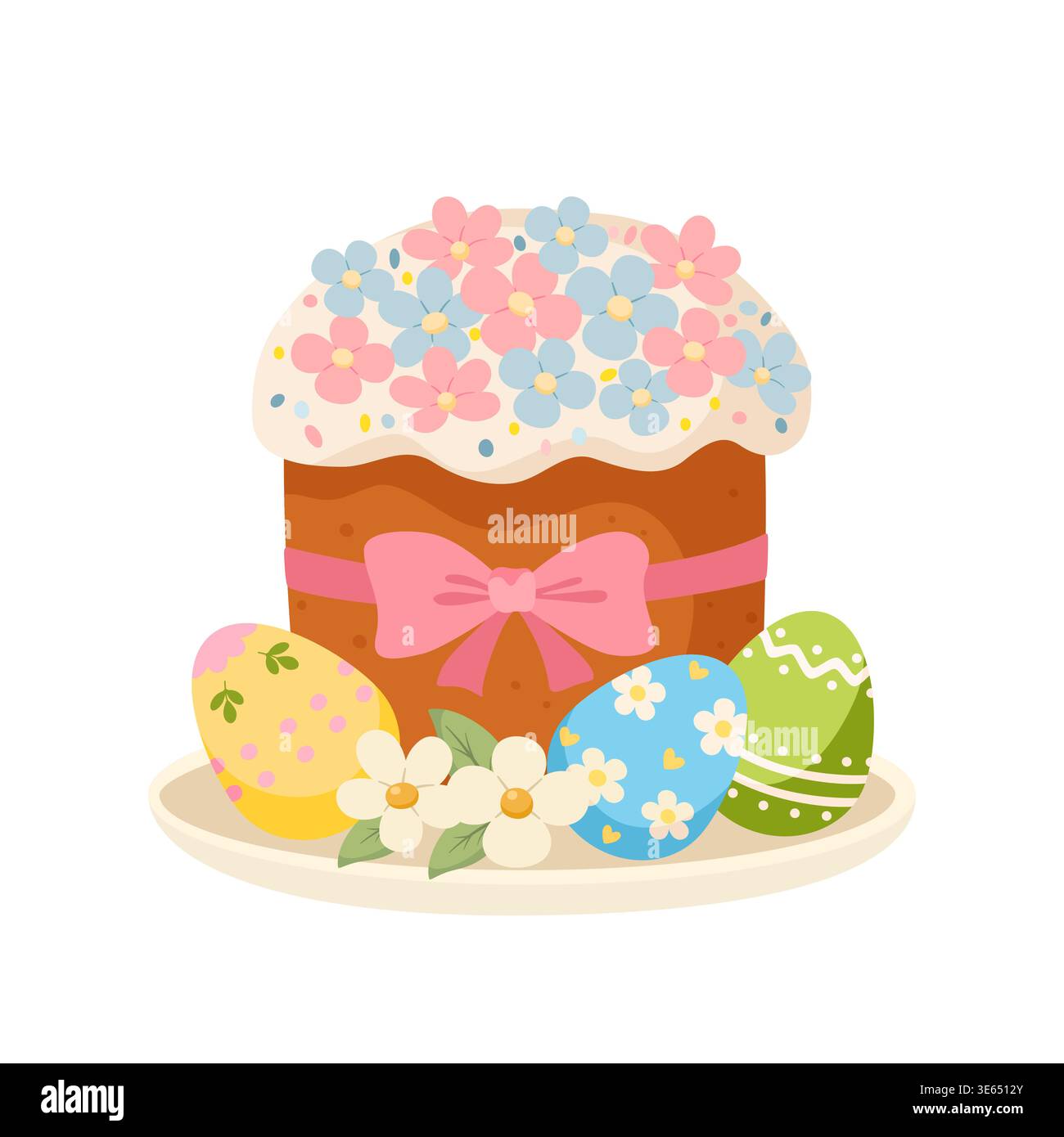 Festlicher Osterkuchen mit rosa und blauen Blumen und einer Schleife mit drei bemalten Eiern. Stock Vektor