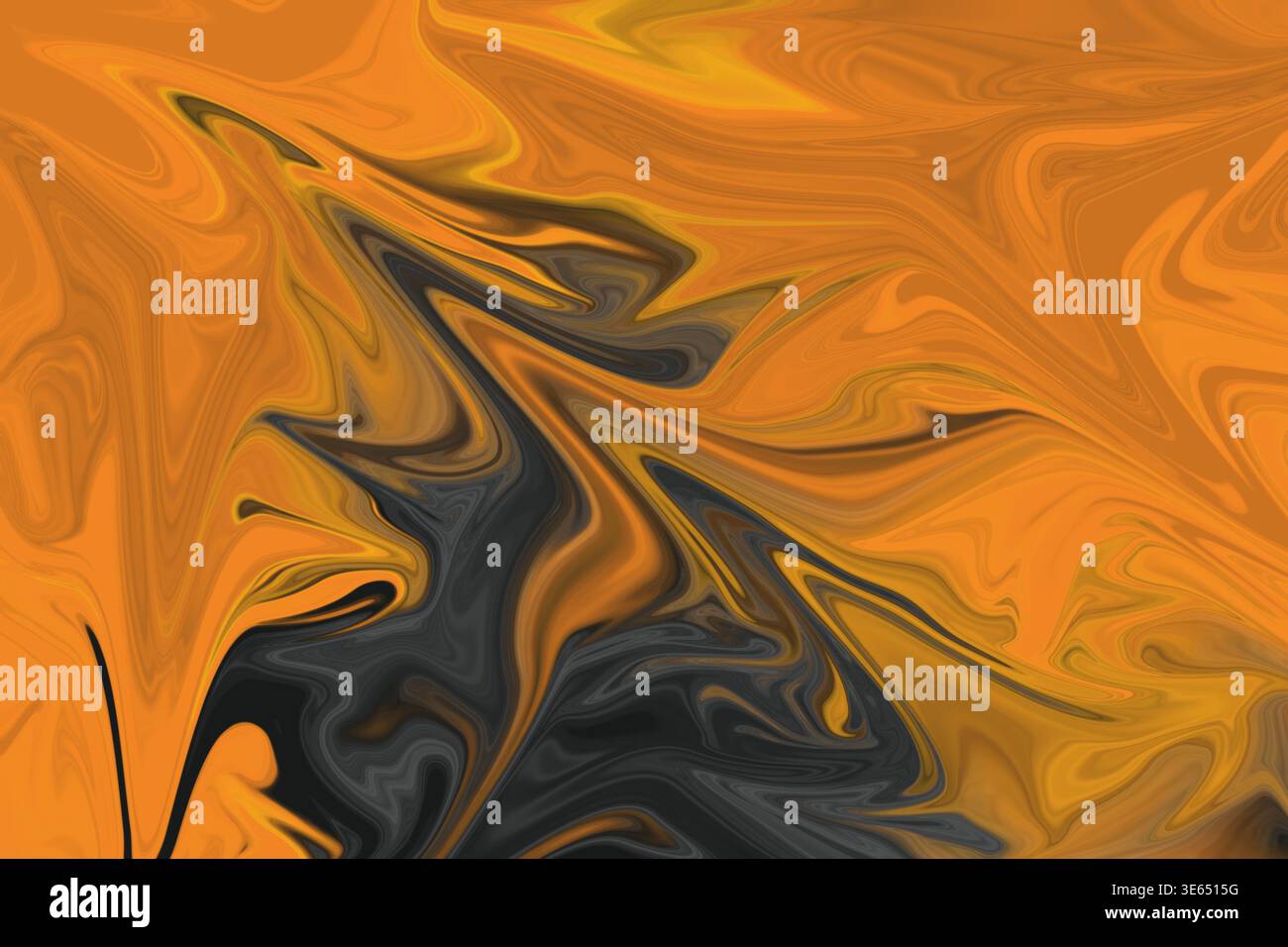 Ein lebendiger abstrakter Hintergrund mit flüssigen Marmorierungsmustern mit wirbelnden Farbverläufen in Orange, Gold und Dunkelgrau. Stockfoto