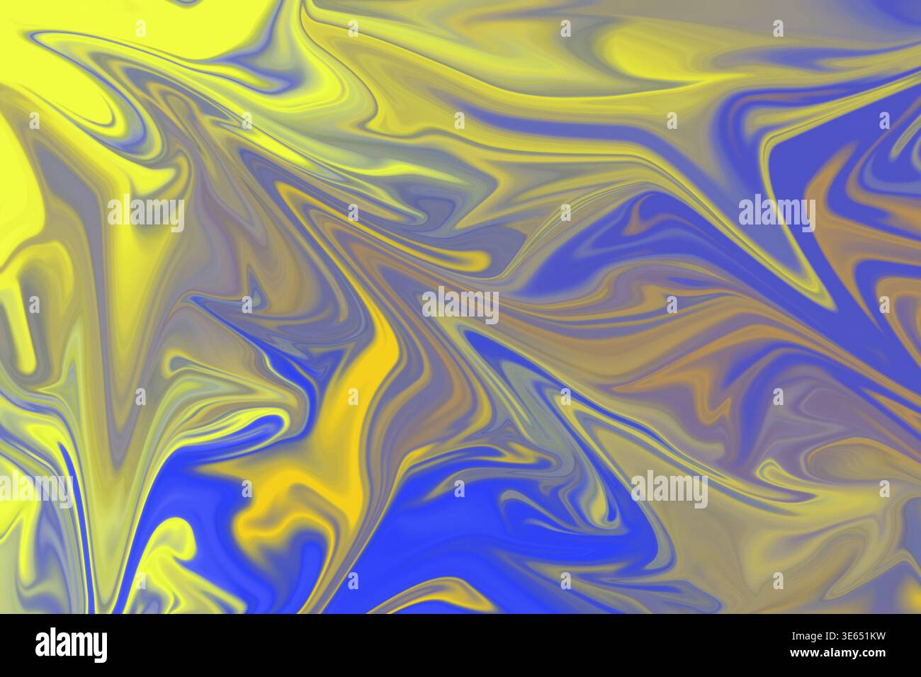 Ein farbenfrohes abstraktes Design mit kräftigen Wirbeln aus hellem Gelb, tiefem Blau und gedämpftem Grau, das eine dynamische und energetische Struktur aus flüssigem Marmor erzeugt. Stockfoto