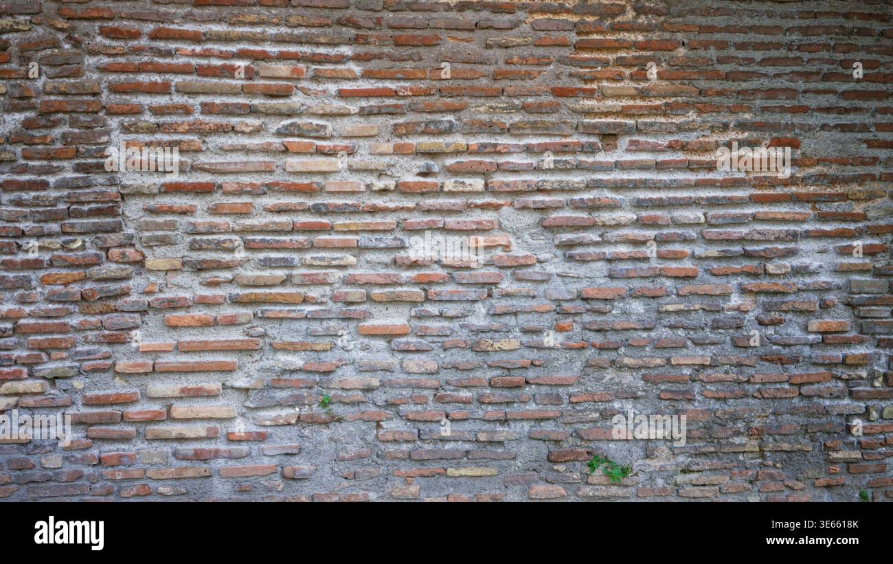 Verwitterte rote Ziegelwände im scharfen Fokus, sichtbare Mörtelfugen und unebene Gänge mit kleinem Grün und urbaner Kleidung im Freien; Hintergrund Stockfoto