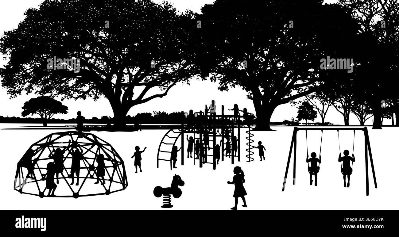In dieser kontraststarken Vektorgrafik-Illustration spielen Kindersilhouetten auf verschiedenen Spielgeräten in einem Park. Stock Vektor