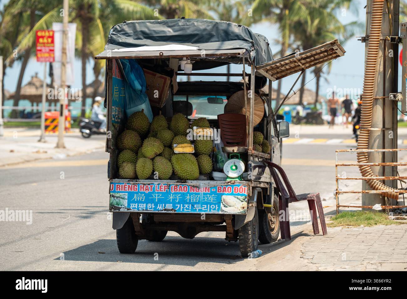Mobiler LKW mit tropischen Früchten, der an der Touristenstraße geparkt wurde und Durianobst in Vietnam verkauft. Stockfoto