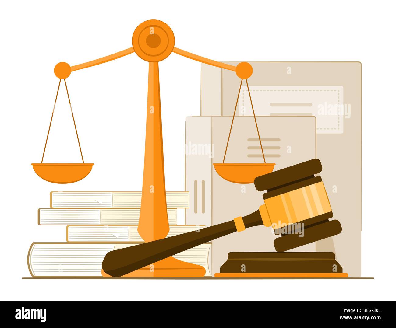 Hamel mit klingendem Block und Waagen der Gerechtigkeit mit Büchern für Urteilsverkündung und Rechtskonzept Illustration Clip Art Stock Vektor