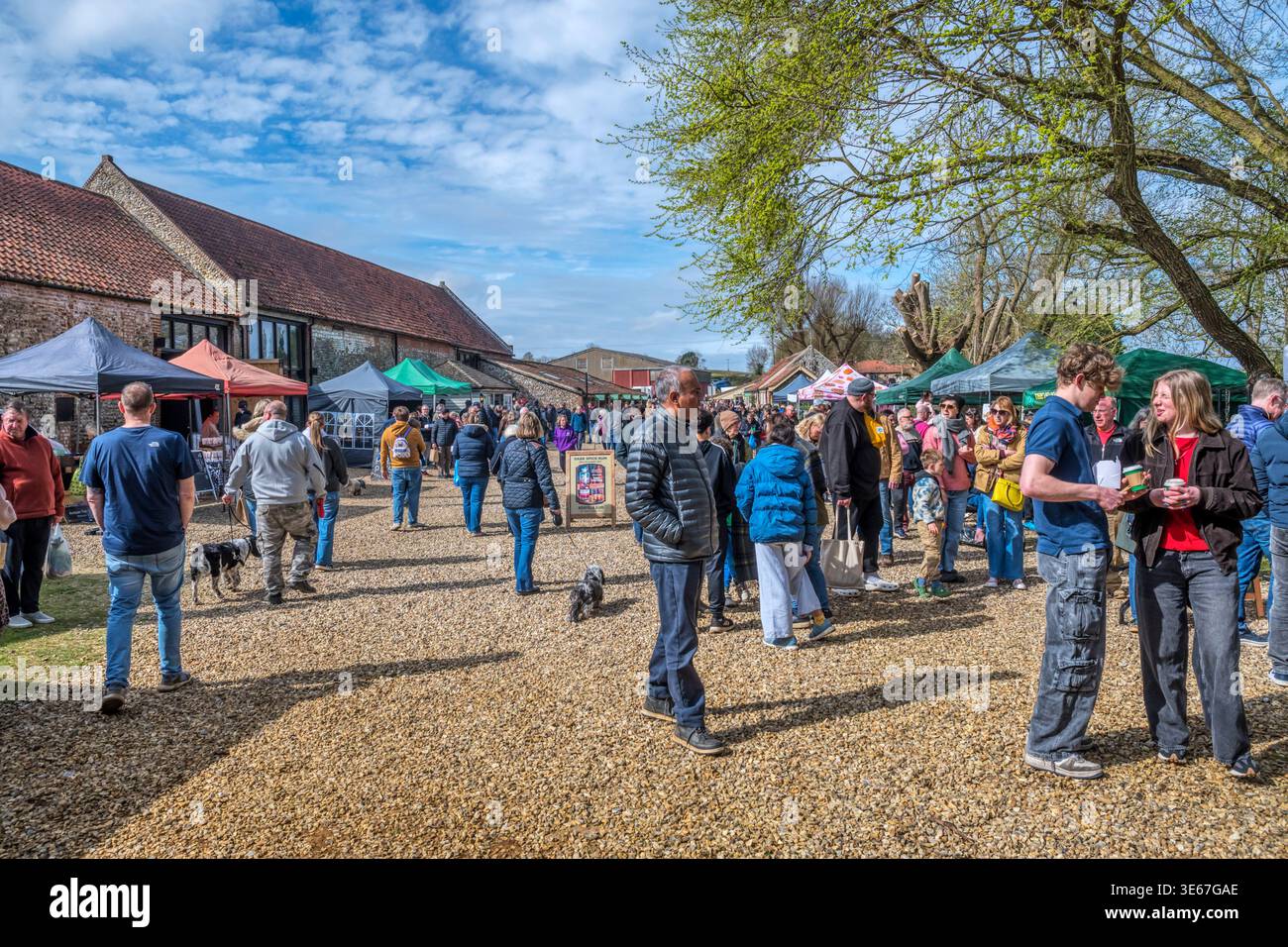 Menschen und Hunde auf dem Bauernmarkt der Creake Abbey in Norfolk. Stockfoto