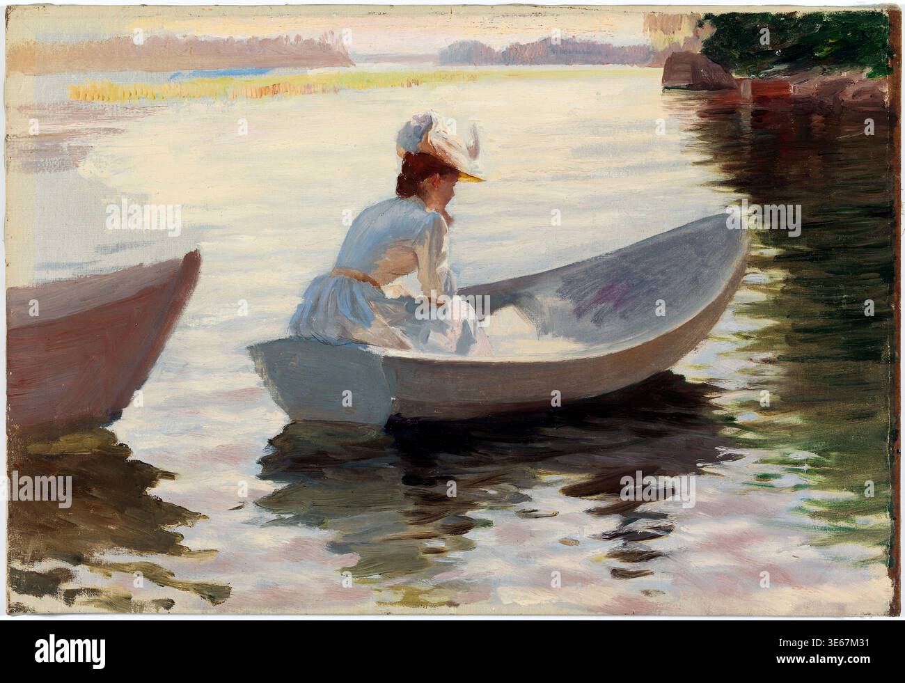 Eine Ölstudie des finnischen Künstlers Albert Edelfelt mit dem Titel „im Ruderboot“ (Soutuveneessä), gemalt 1883 in Haikko, Finnland. Die Komposition stellt eine Frau dar, wahrscheinlich die Schwester des Künstlers Ellan Edelfelt, die in einem weißen Dory auf dem reflektierenden Wasser des Porvoo-Archipels sitzt. Diese Plein Air-Arbeit fängt das helle nordische Sommerlicht und den Übergang vom akademischen Realismus zu einem impressionistischen Stil ein und betont fließende Pinselarbeit und atmosphärische Effekte auf die Wasseroberfläche. Stockfoto