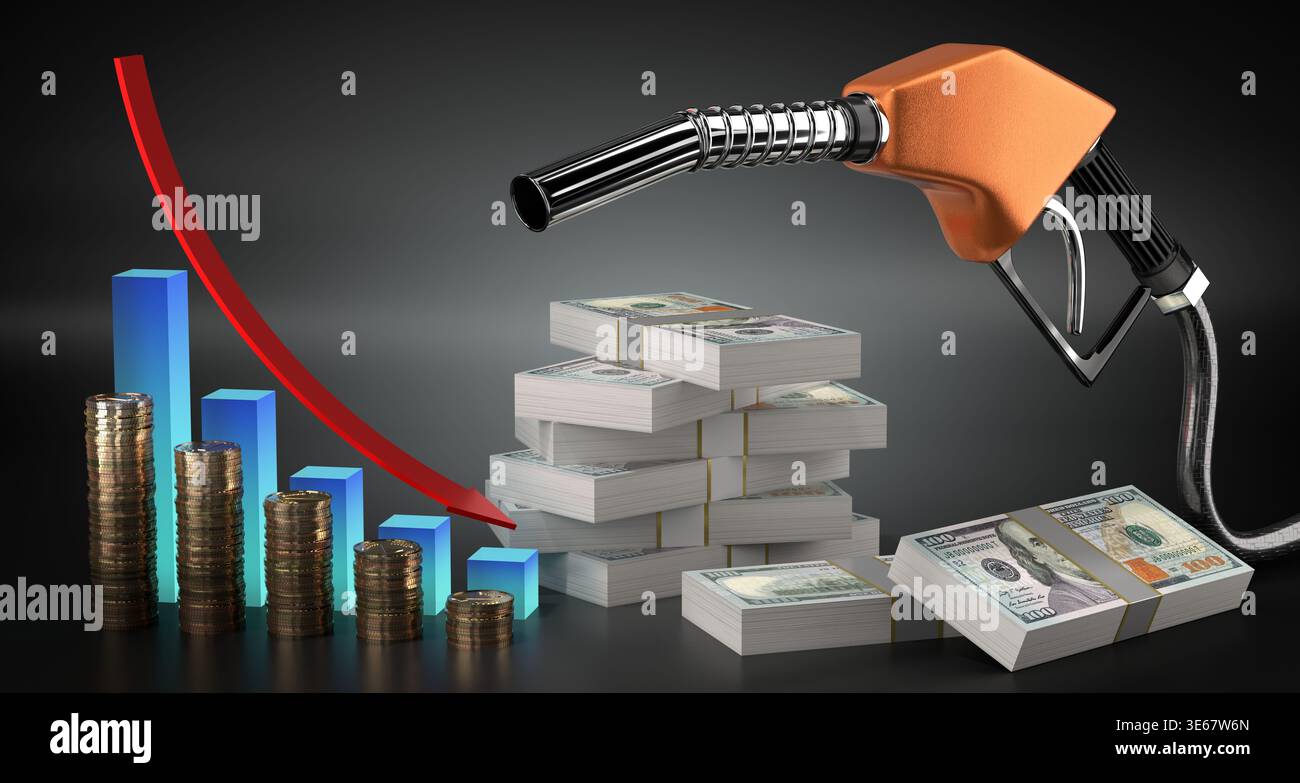 Sinkende Kraftstoffpreise, Dollarscheine und Treibstoffpistole - 3D-Illustration Stockfoto