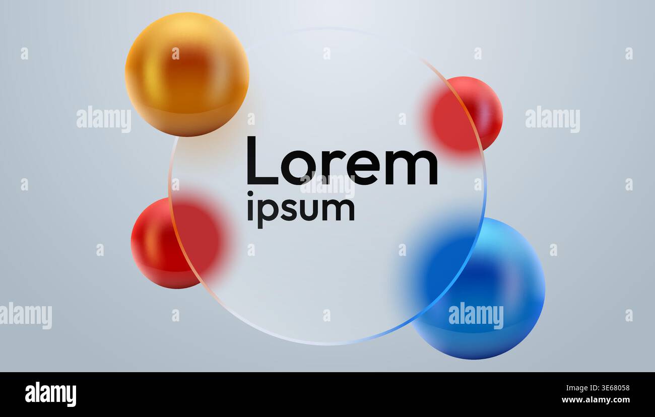 Moderner Glasmorphismus-Kreisrahmen mit bunten 3D-Kugeln auf hellem Hintergrund. Abstrakte Designvorlage. Vektorabbildung. Stock Vektor