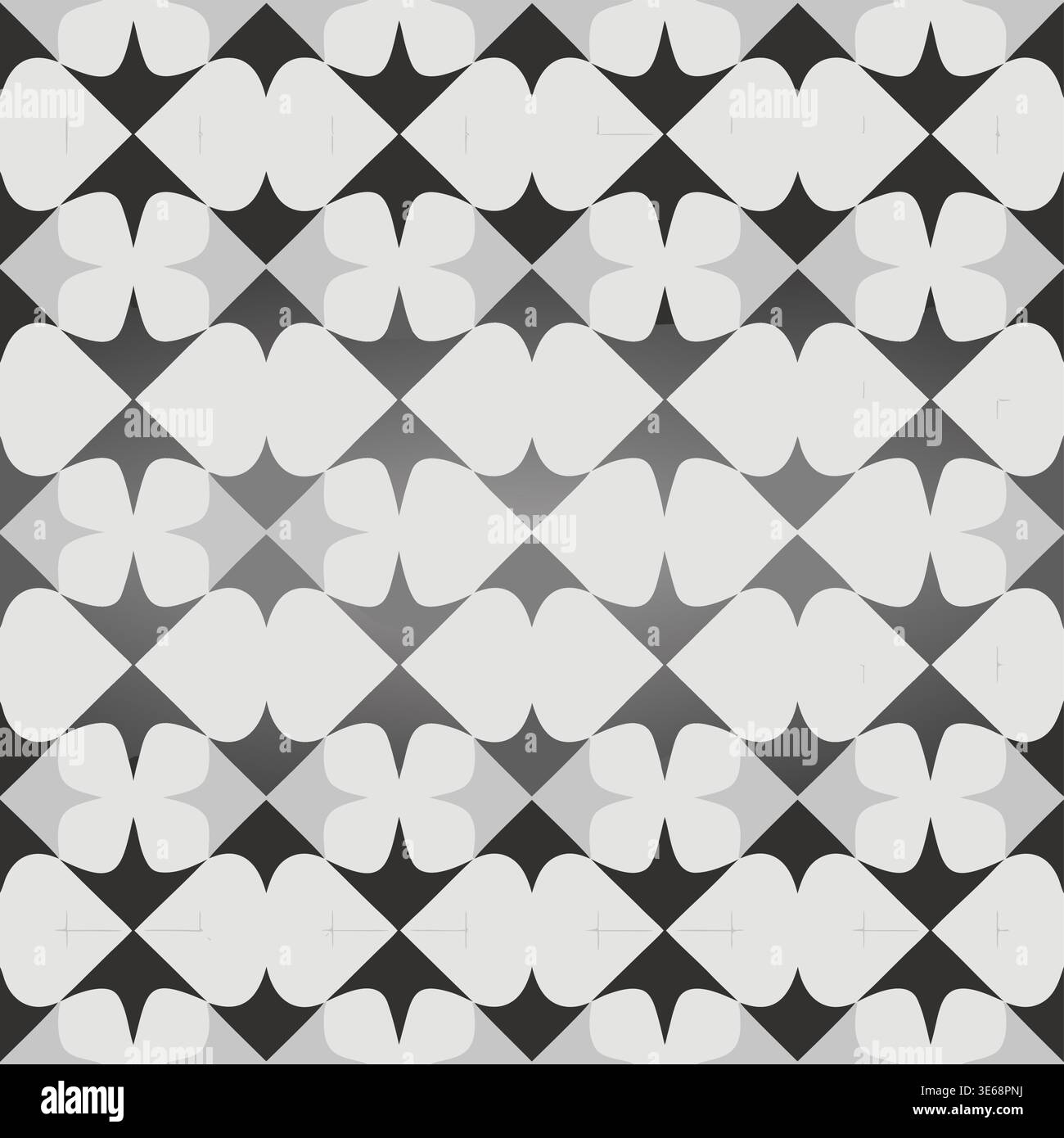 Ein monochromes geometrisches Graustufenmuster mit Klee- und Diamantformen, die in einem sich wiederholenden Raster angeordnet sind. Perfekt für Hintergründe oder Texturen. Stock Vektor