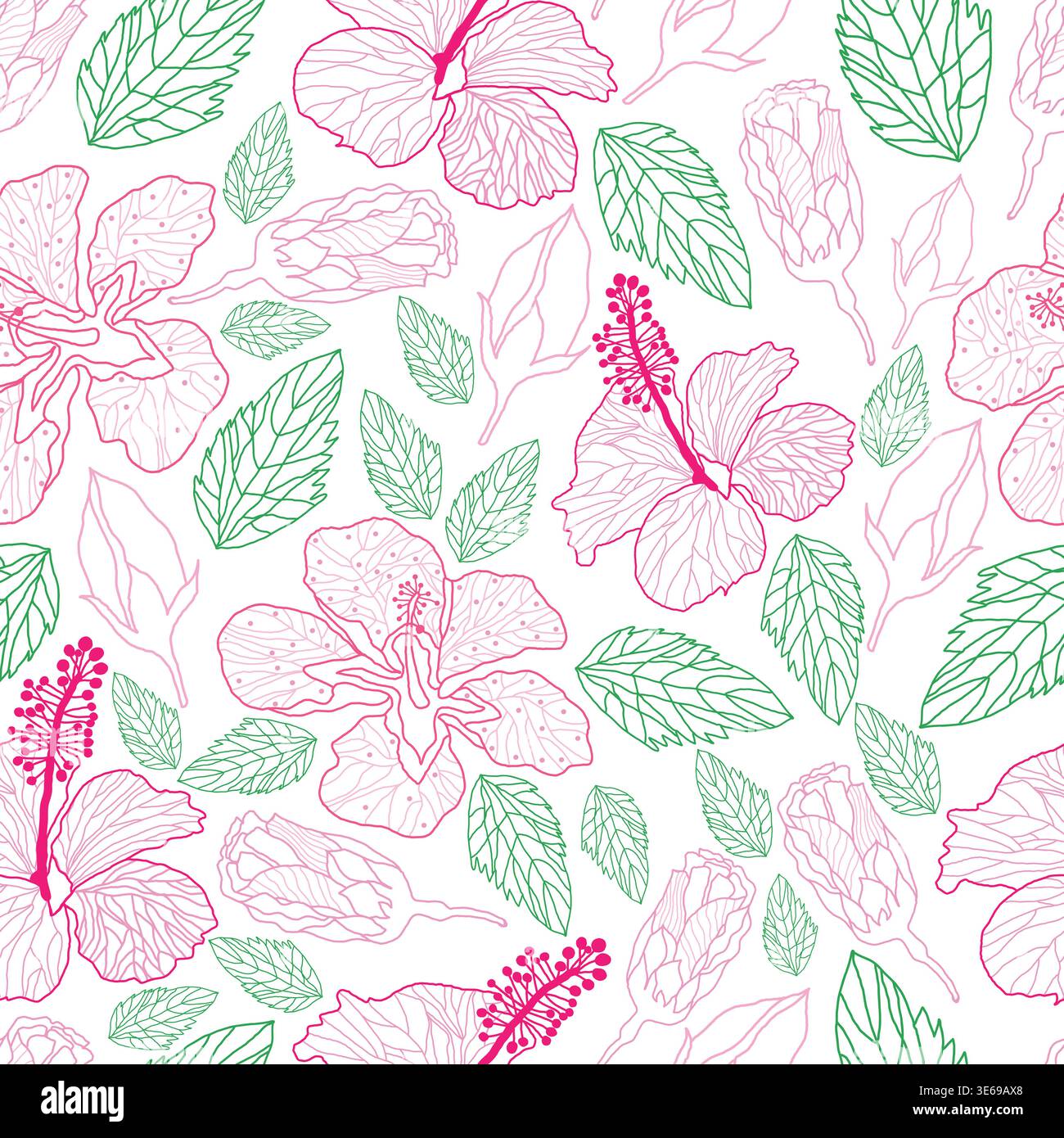 Line Art Hibiskus Blumen und Knospen und Blätter nahtlose Muster. Linie Art rosa Blumen und grüne Blätter auf weißem Hintergrund nahtlosem Muster. Stock Vektor