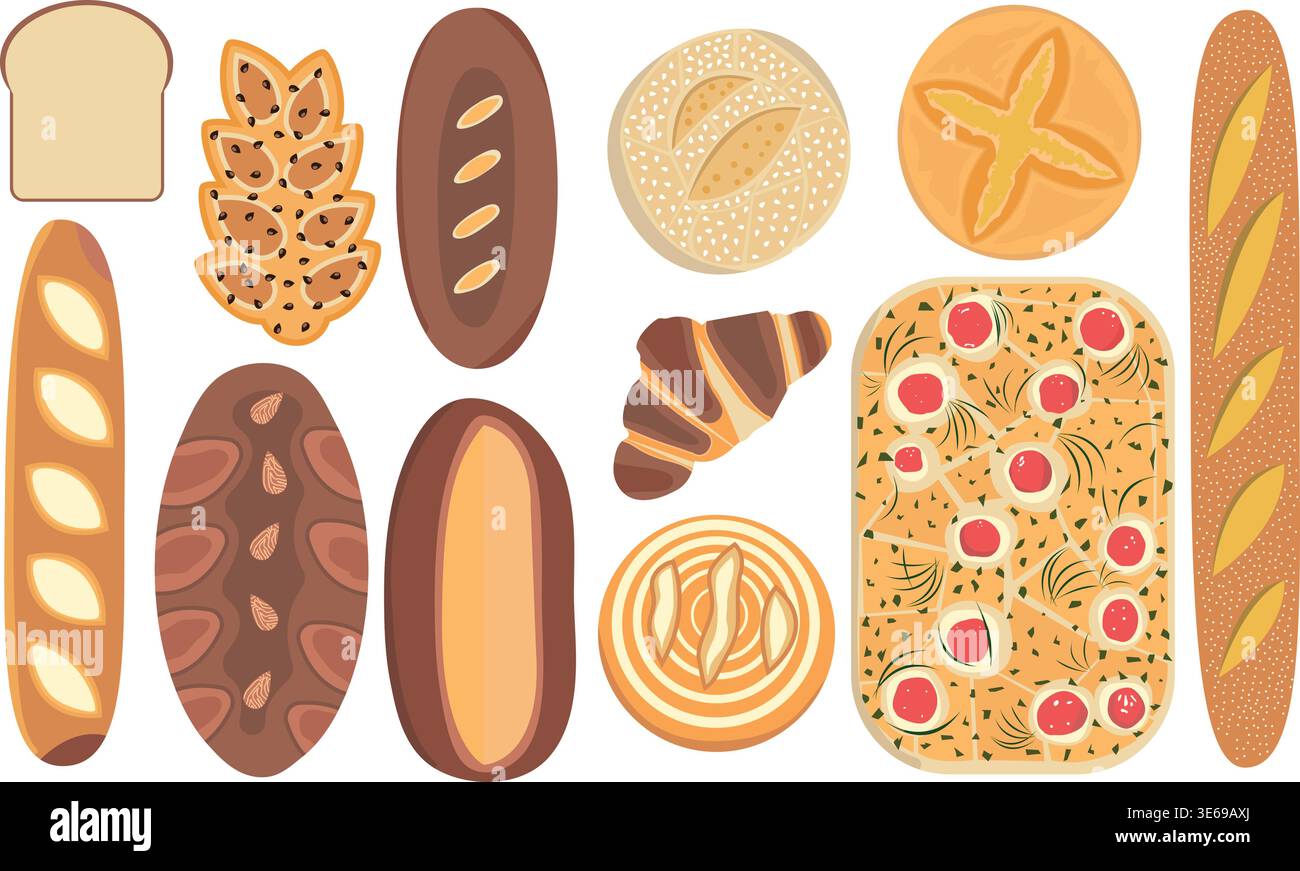 Minimale Vektorillustration von verschiedenen Brot- und Backwaren in einem sauberen, modernen Stil. Perfekt für Food Design, Verpackung und Restaurantmenüs Stock Vektor