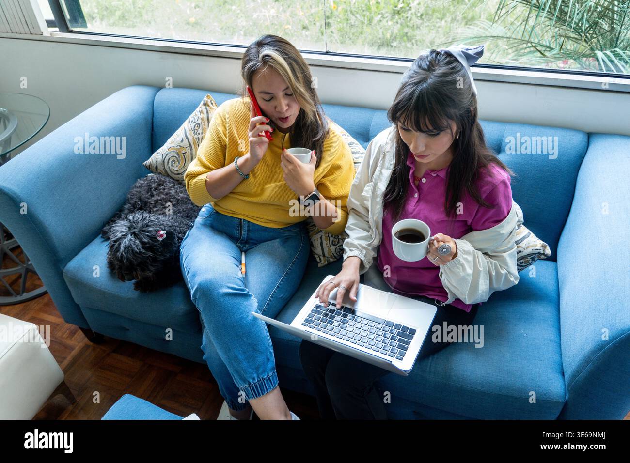 Zwei Frauen, die arbeiten, Laptop benutzen, telefonieren und Kaffee auf einem Sofa trinken Stockfoto