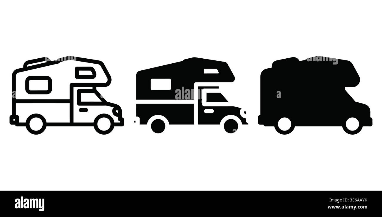 Drei verschiedene Arten von Freizeitfahrzeugen im Silhouettenstil Vector Camping Icons Stock Vektor