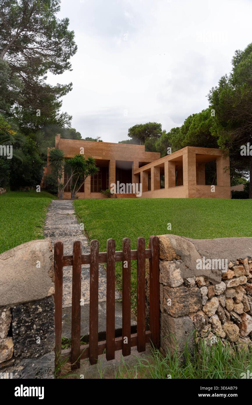 Moderner Hauseingang mit üppigem Gartenweg Stockfoto