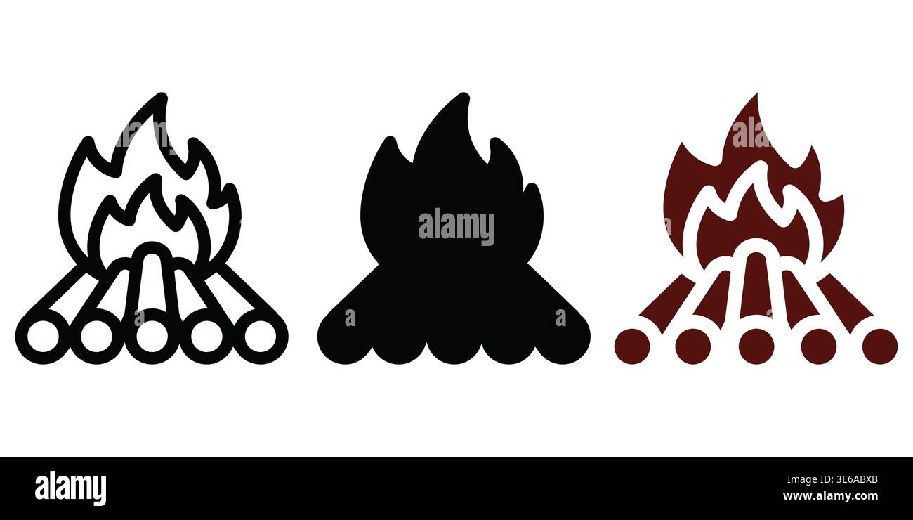 Drei verschiedene Illustrationen von Lagerfeuern mit unterschiedlichen Flammen- und Holzstilen Vector Camping Icons Stock Vektor
