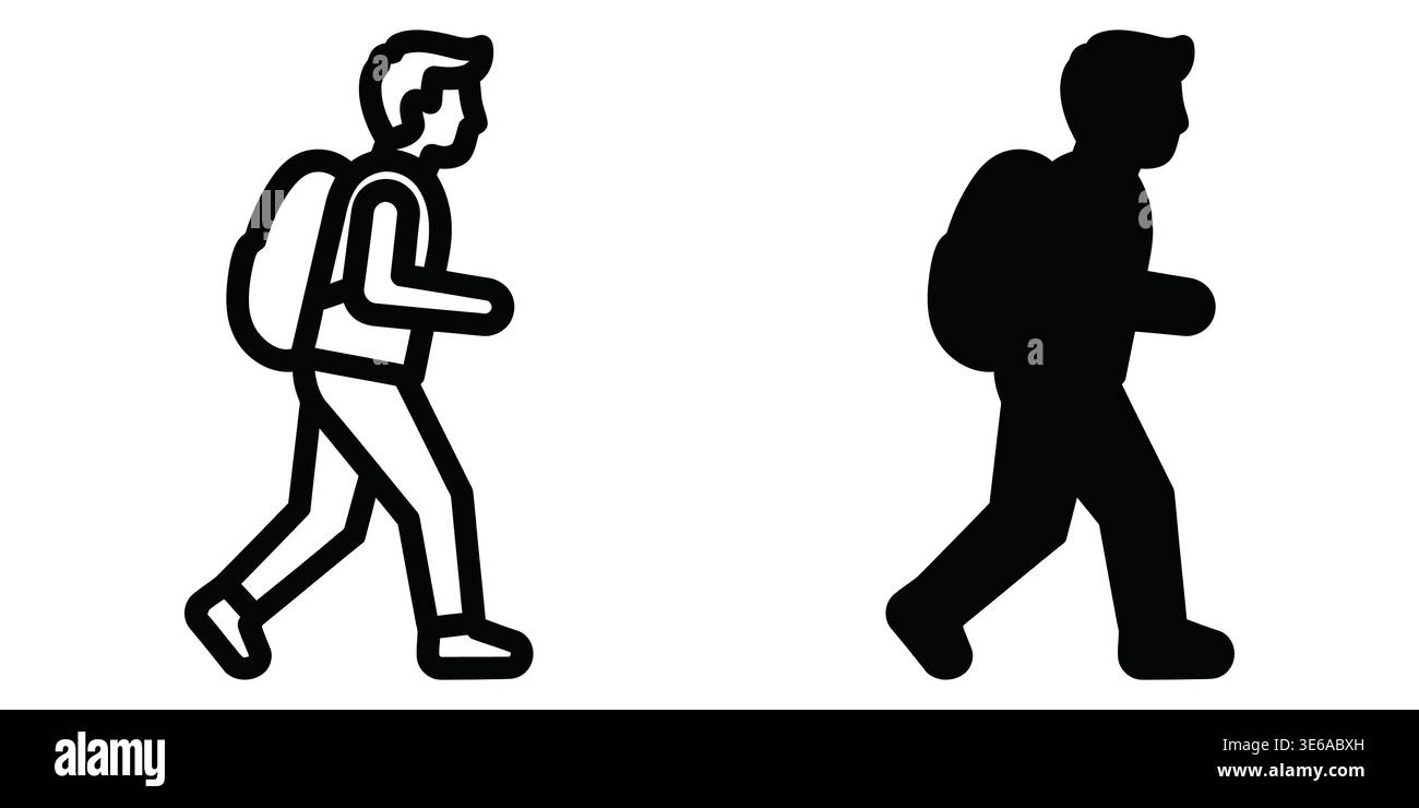 Kontrast zwischen einer detaillierten Figur und einer Silhouette, die mit Rucksäcken läuft Vector Camping Icons Stock Vektor