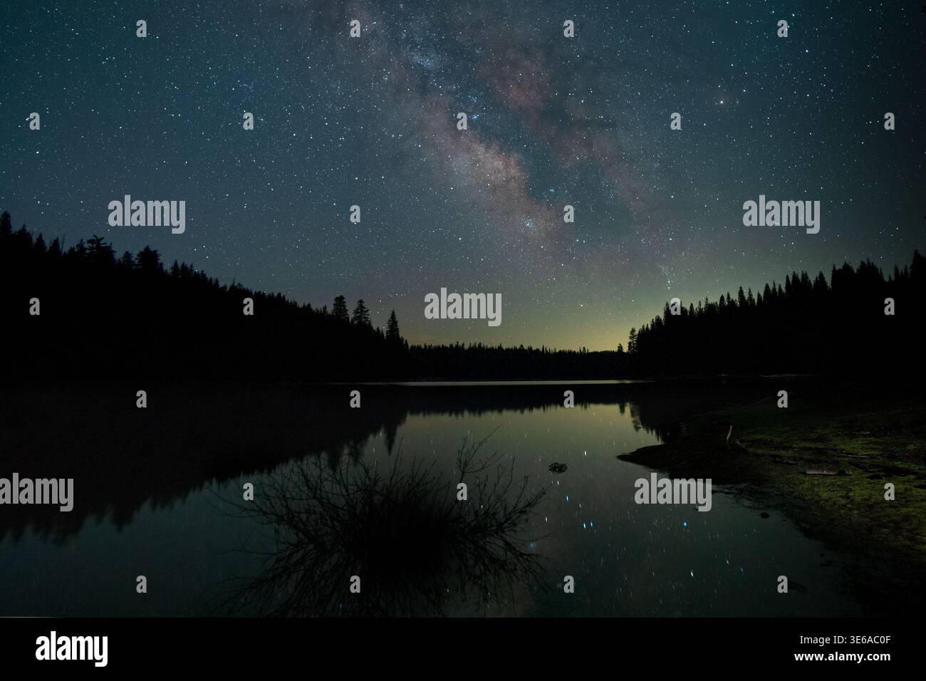 Der galaktische Kern der Milchstraße spiegelt sich im ruhigen Bucks Lake in der frühen Morgendämmerung im Plumas County, Kalifornien, umrahmt von Nadelbaumsilhouetten. Stockfoto