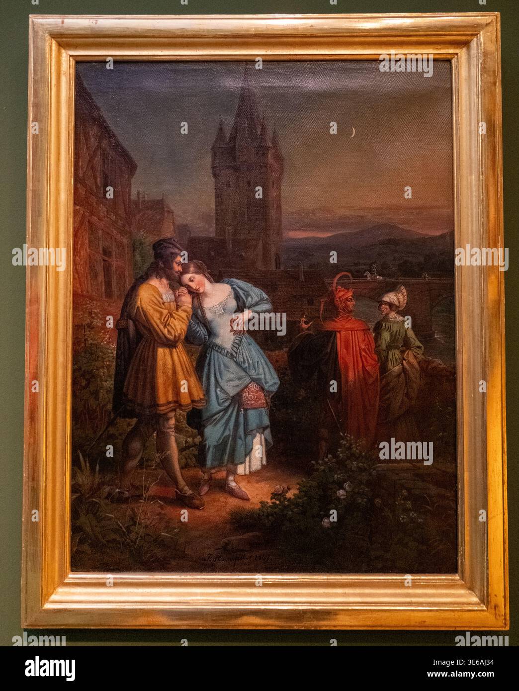 Mainz, 23. April: Gerahmte romantische Genremalerei auf einer Galeriewand im Landesmuseum Mainz in Mainz. Stockfoto