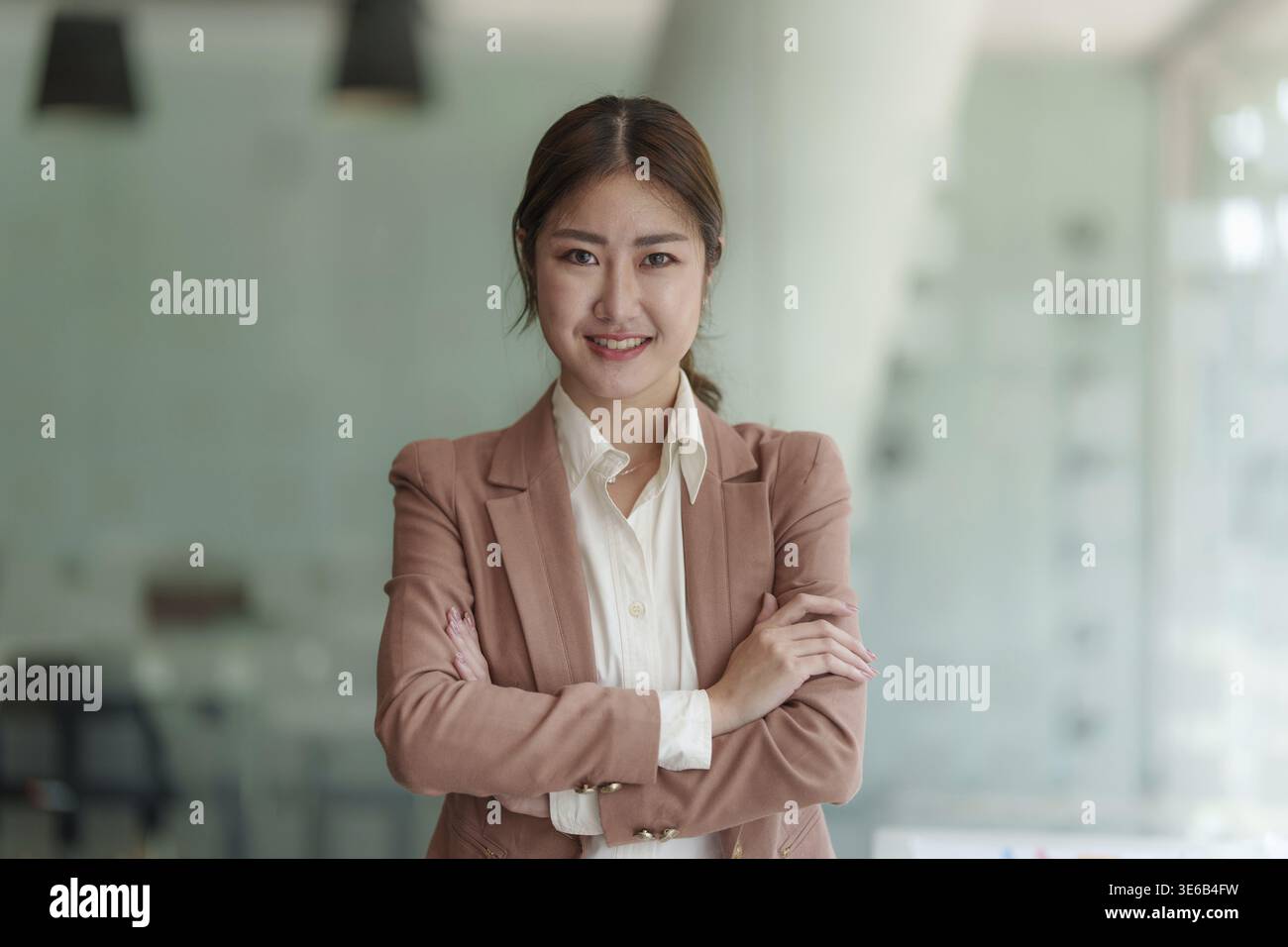 Schöne asiatische Geschäftsfrau, die sich ein lehrreiches Webinar auf Laptop ansieht. Finanzierungskonzept Stockfoto