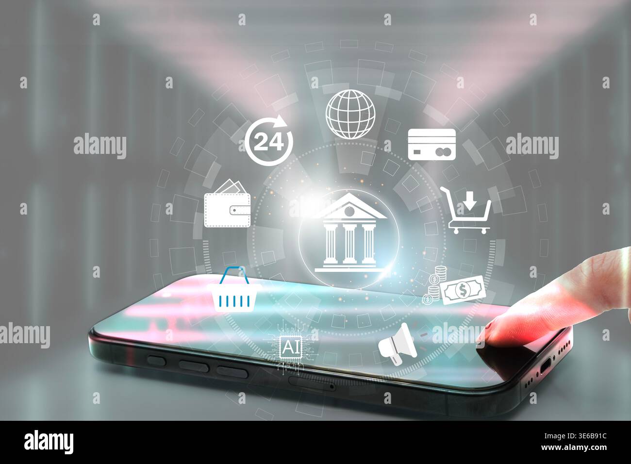 Nahaufnahme eines Fingers, der ein Smartphone mit holografischen Symbolen für Banking, Geldbörse und Zahlung berührt, perfekt für Fintech-Apps, mobilen Handel und Online-Bank Stockfoto