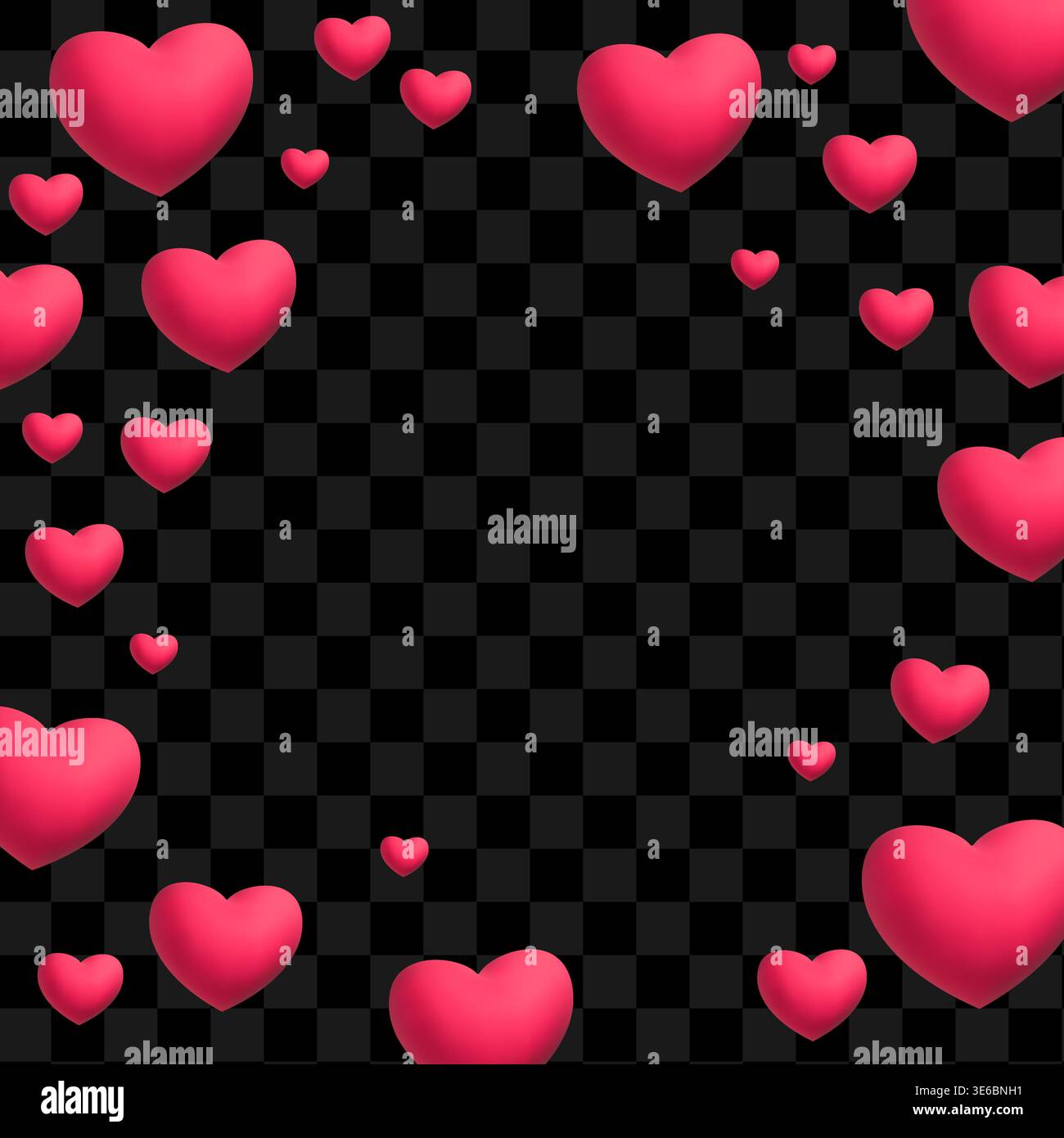 Wunderschöner 3D-Herz-Hintergrund für Valentinstag oder Hochzeit. Romantische Liebessymbole auf dunklem, transparentem Hintergrund Stock Vektor