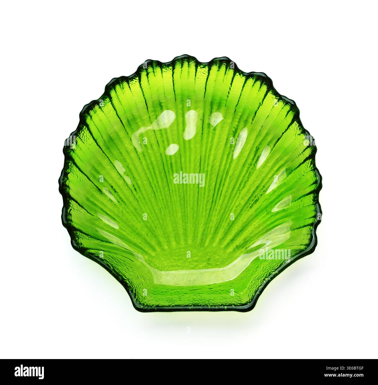 Blick von oben auf eine leere grüne Glasplatte mit Meeresmuschel, isoliert auf weiß Stockfoto