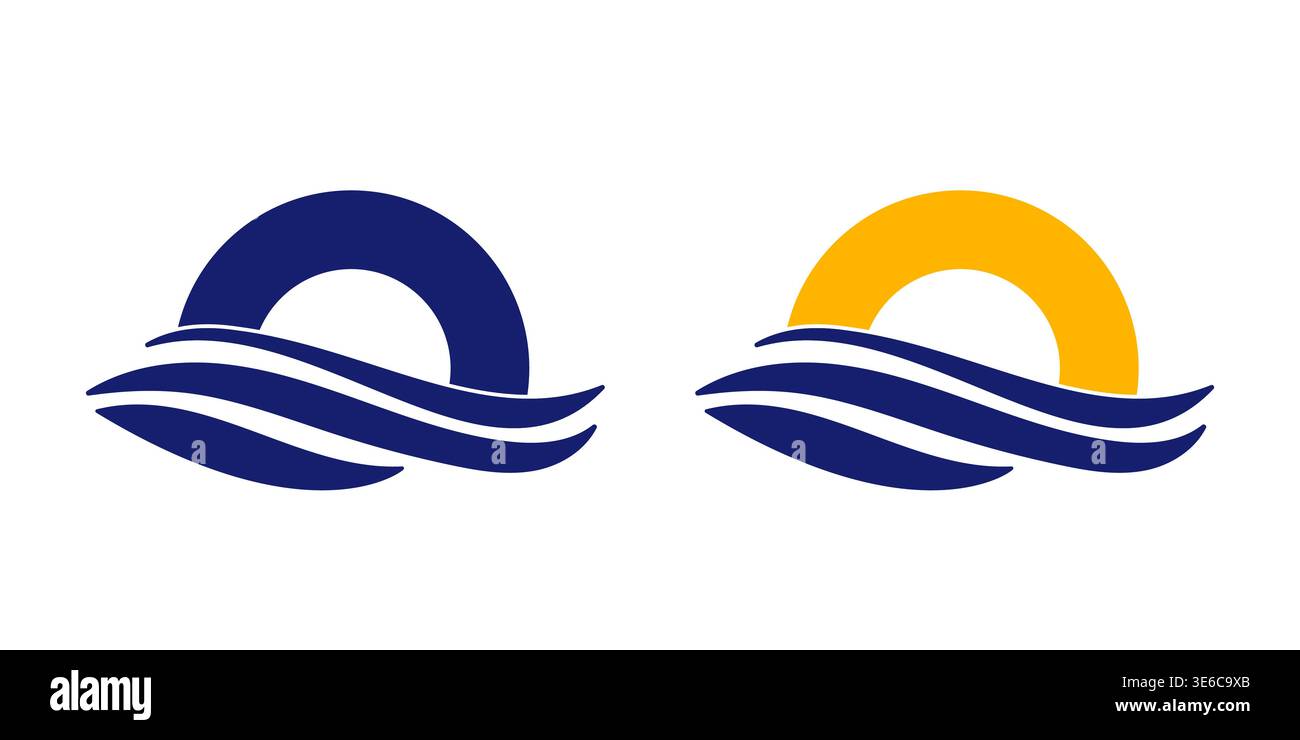Sonnenwelle Meer Meer Meer Wasser Horizont minimales Küstenlogo für Spa Reise Wellness und Seaside Business Branding Stock Vektor