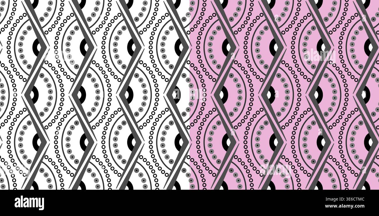 Geometrisches nahtloses Schwarzweiß-Muster. Zickzackspitzenverzierung von Halbkreisen und Winkeln. Schwarze konzentrische Bögen aus kleinen Kreisen auf weiß Stock Vektor