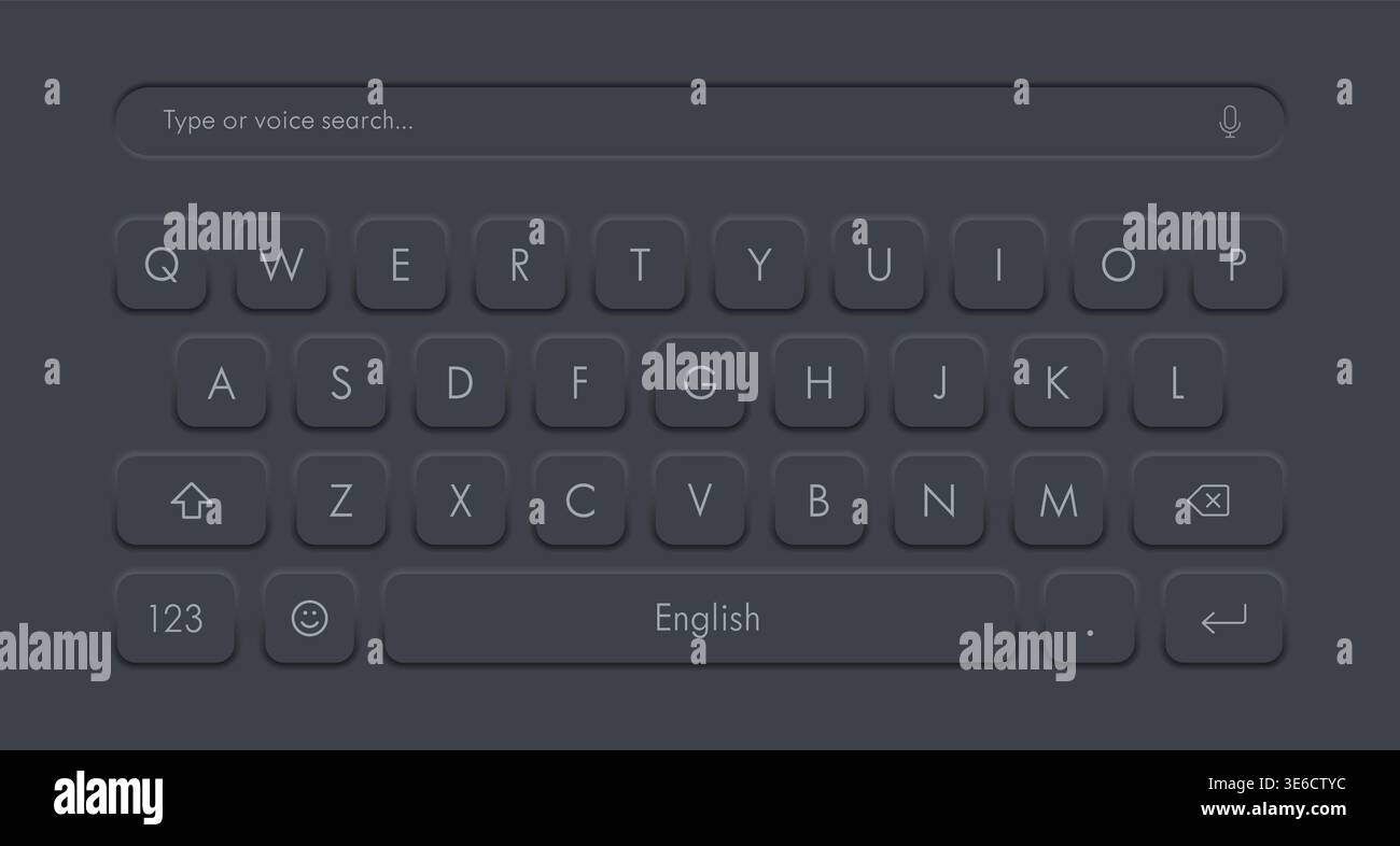 Virtuelles Tastaturlayout des Smartphones mit dunklem Design und Sprachsuchleiste. Vektorabbildung Stock Vektor